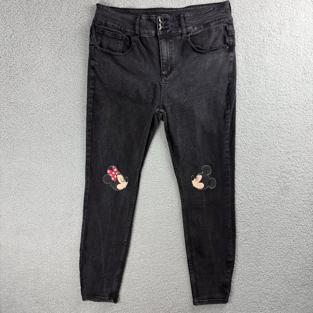 Disney Jeans Women 17 Black Mickey Minnie Mouse Kiss High Waist Jeggings Denim 2